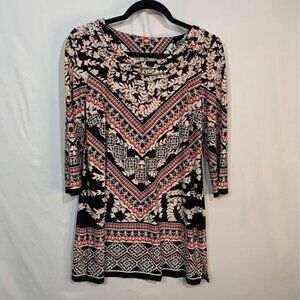 Woman’s tunic size medium. Silver neckline embellishment. Black, pink & white. N